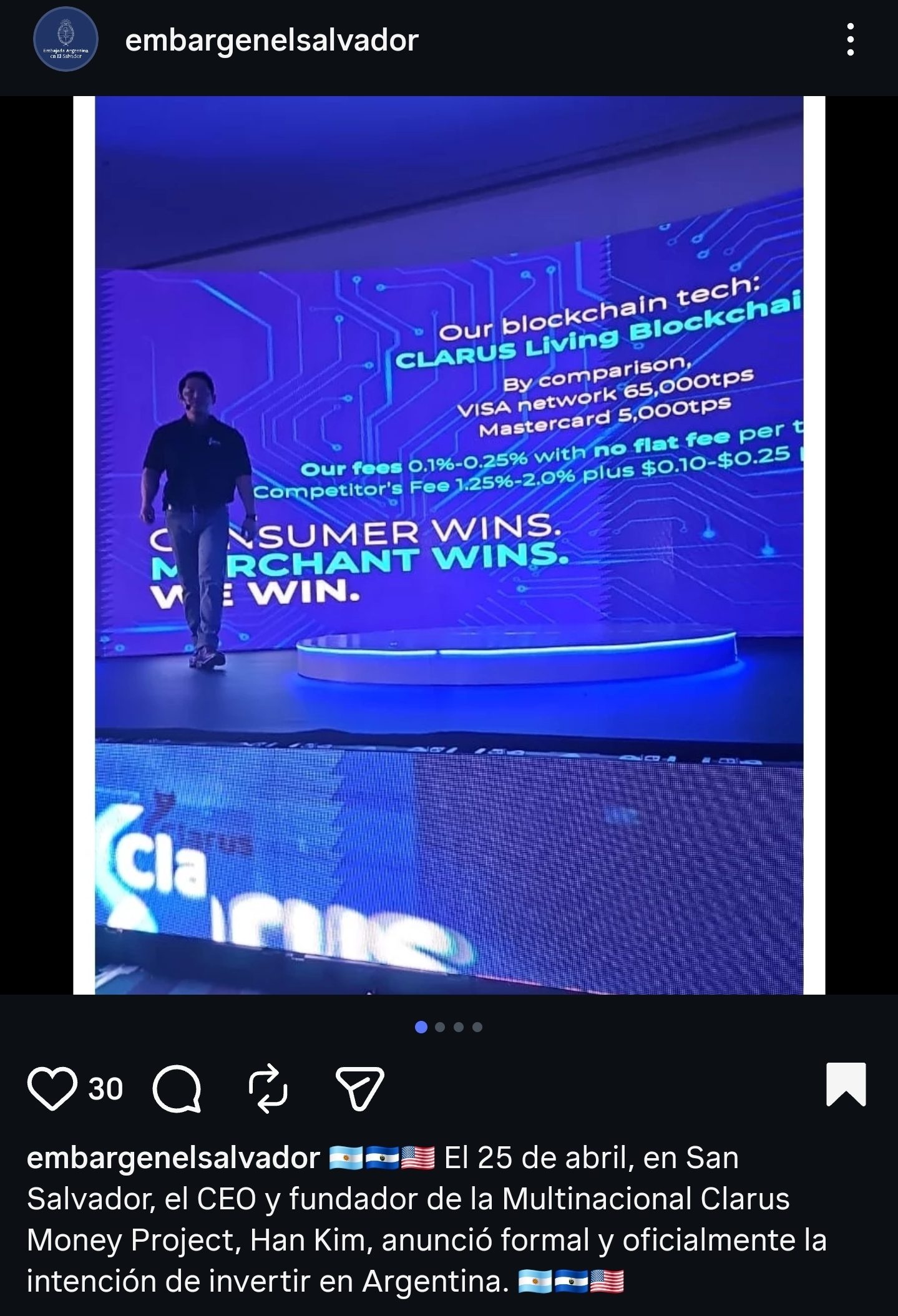 Argentine Embassy El Salvador Instagram post &mdash; official announcement of ZeroBorder partnership