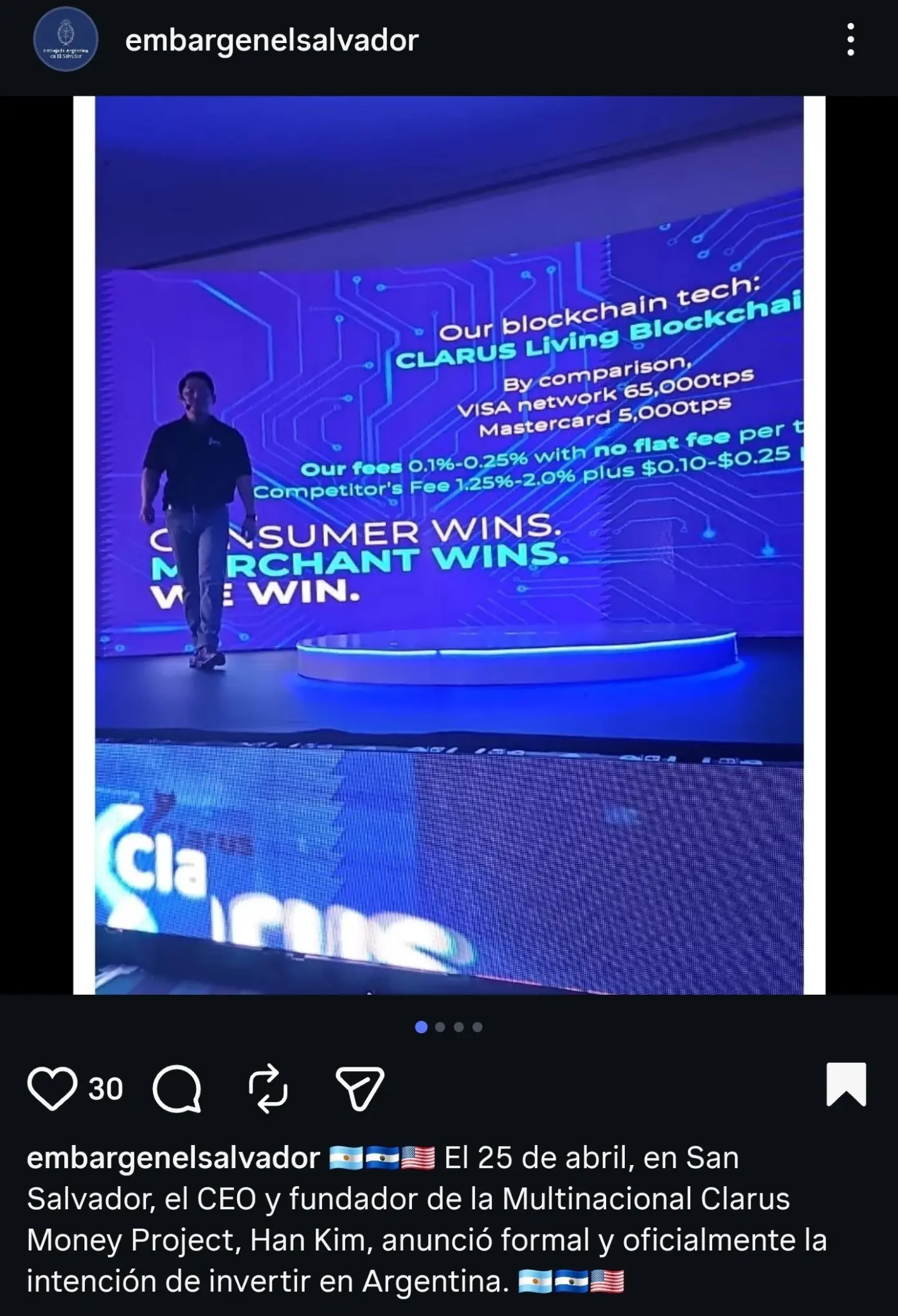 Argentine Embassy El Salvador Instagram post &mdash; official announcement of ZeroBorder partnership
