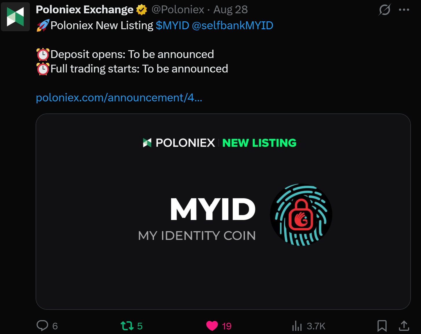 Screenshot of Poloniex's MYID new-listing announcement